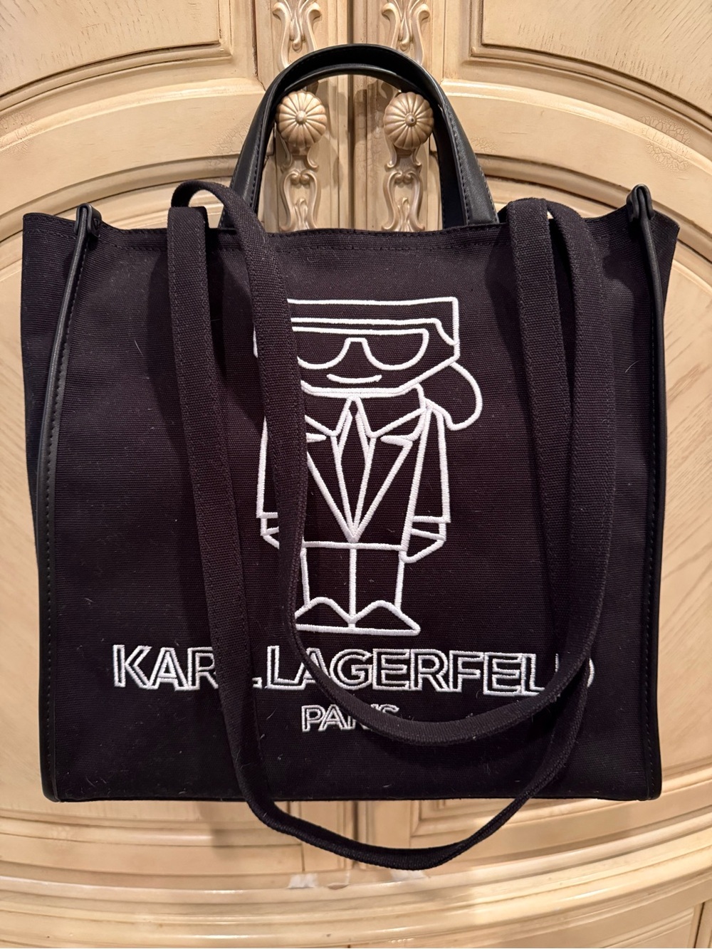 Karl Lagerfeld Black Canvas Tote with White Logo Embroidery